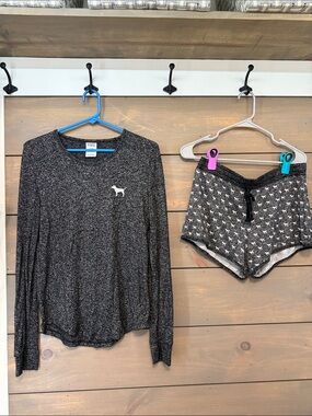 PINK Victoria's Secret Charcoal Gray Long Sleeve Top & Dog-Print Shorts Set